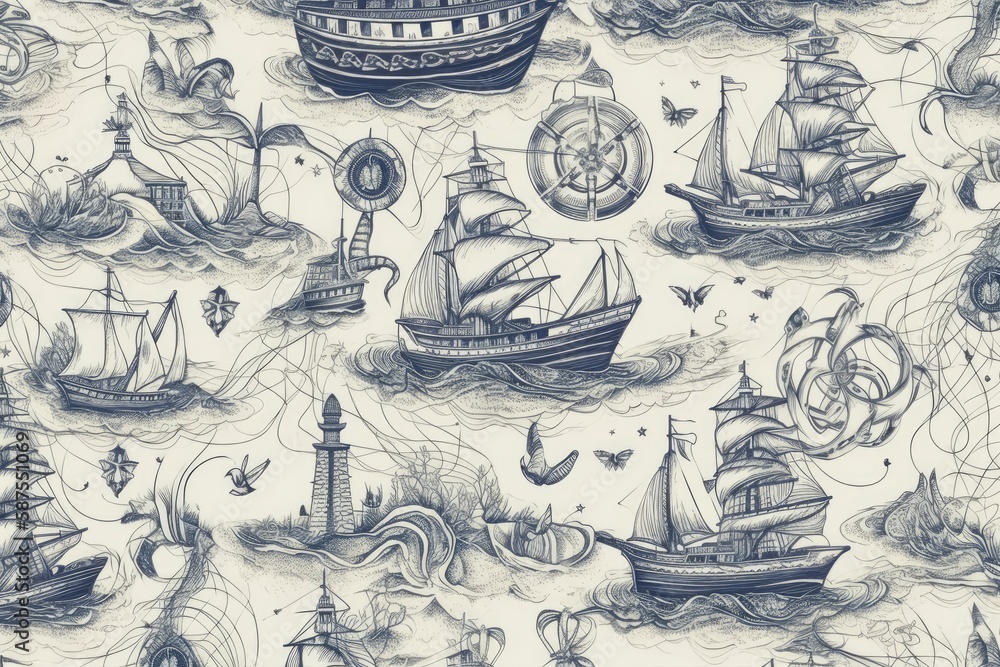 nautical-themed wallpaper with ships in blue and white. Generative AI