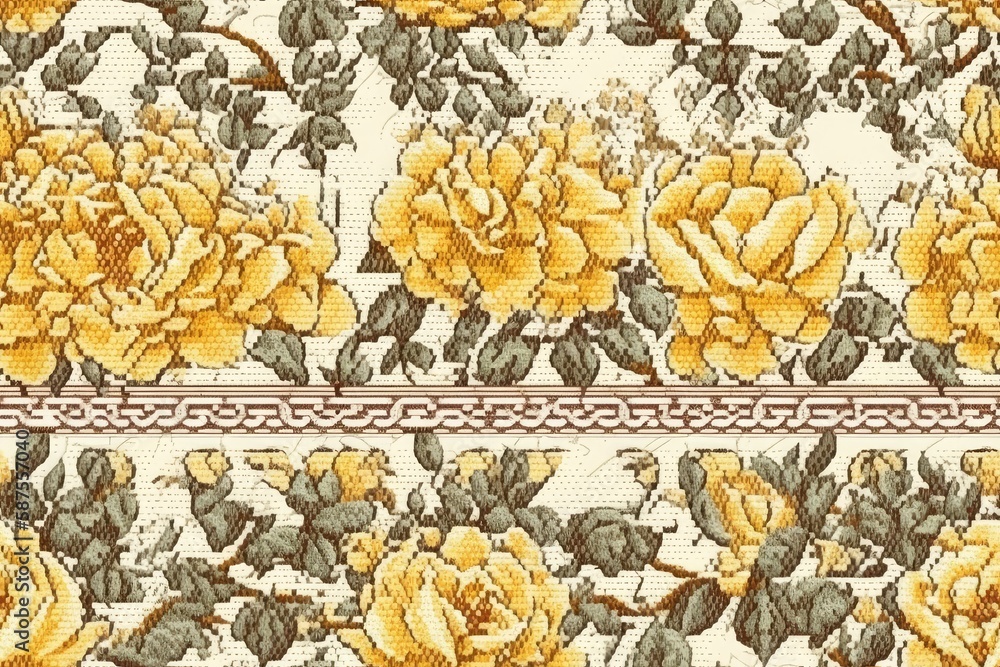 cross stitch pattern featuring bright yellow flowers against a white backdrop. Generative AI