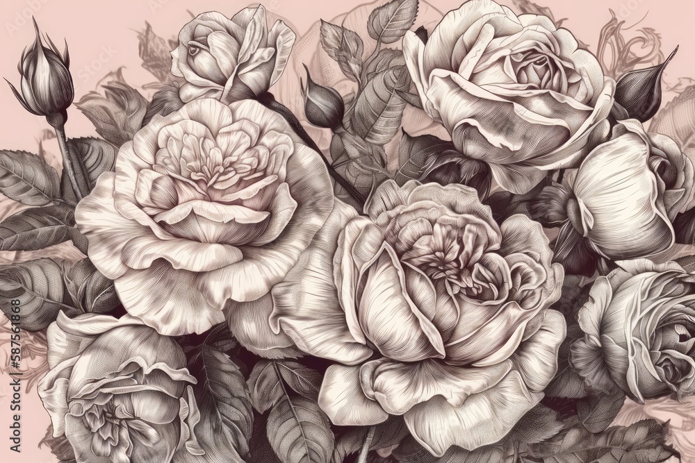 beautiful bouquet of roses on a soft pink background. Generative AI