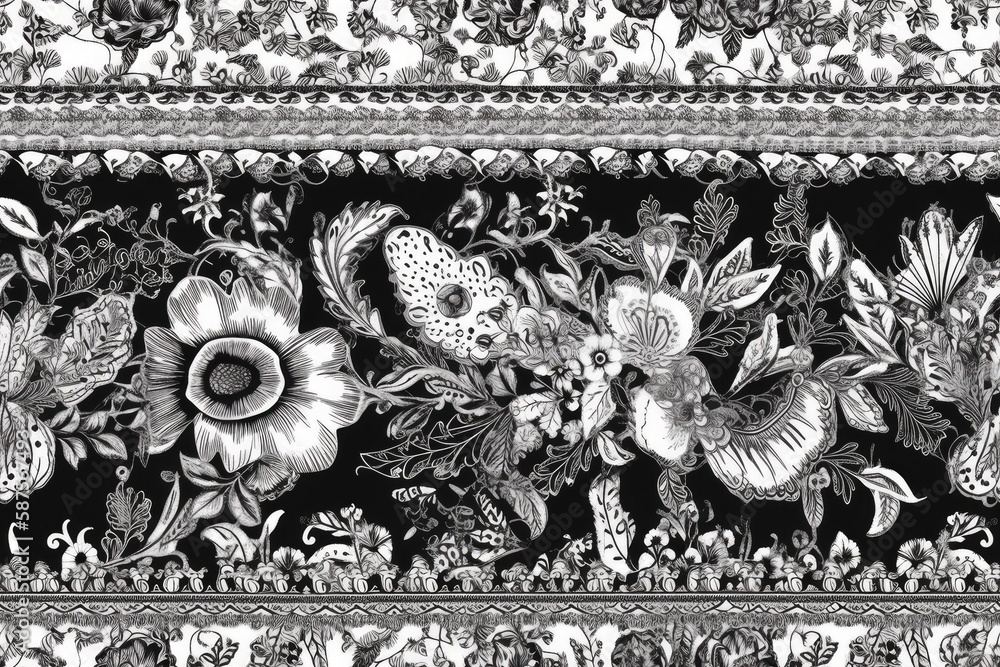 vintage floral border in black and white. Generative AI