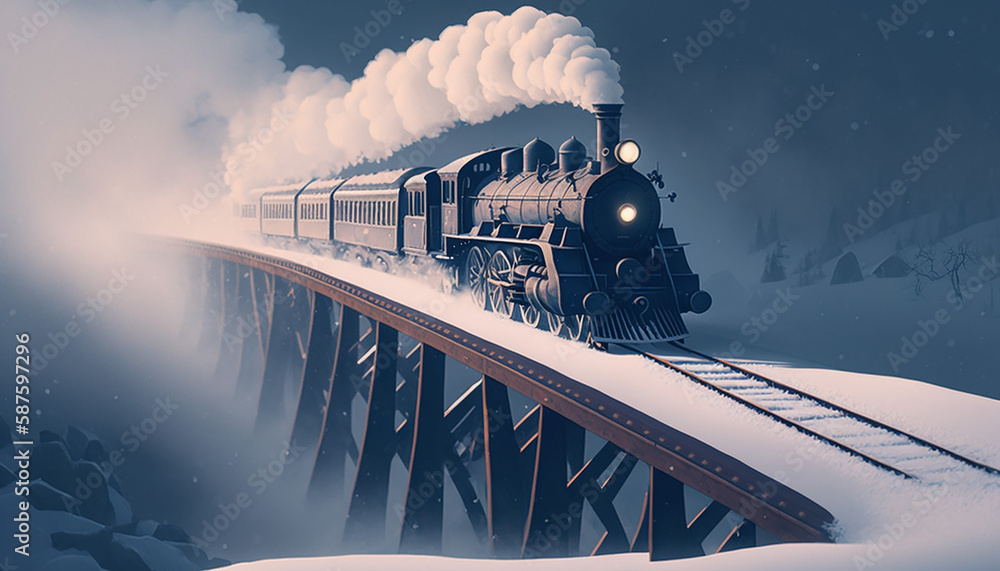 minimalist background with steam train on the bridge. Generative AI