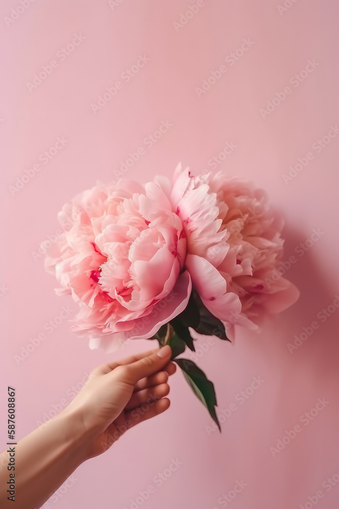 Hand with pink peony flower. Illustration AI Generative.