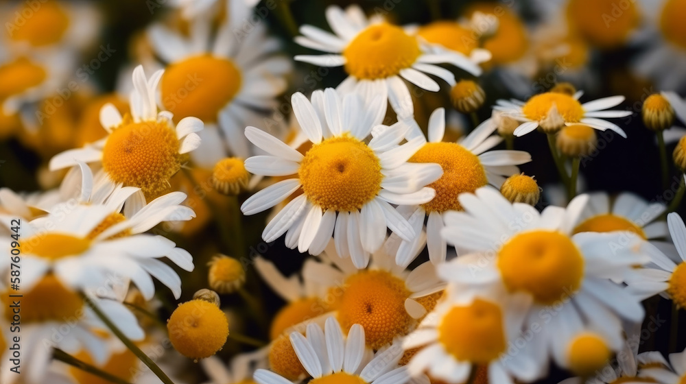 Chamomile flowers background. Illustration AI Generative.