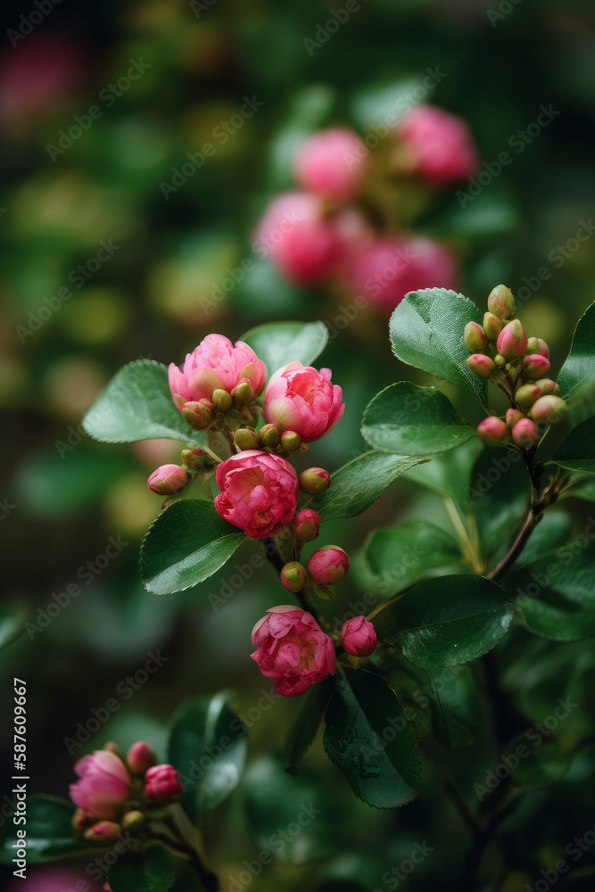 Pink flowers on tree. Illustration AI Generative.