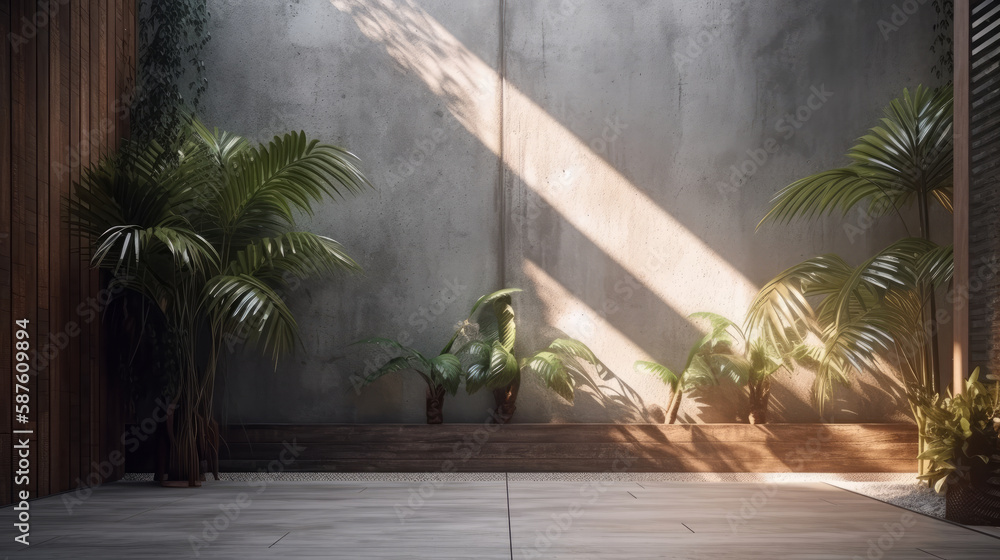 Empty background with wall and tropical leaves. Illustration AI Generative