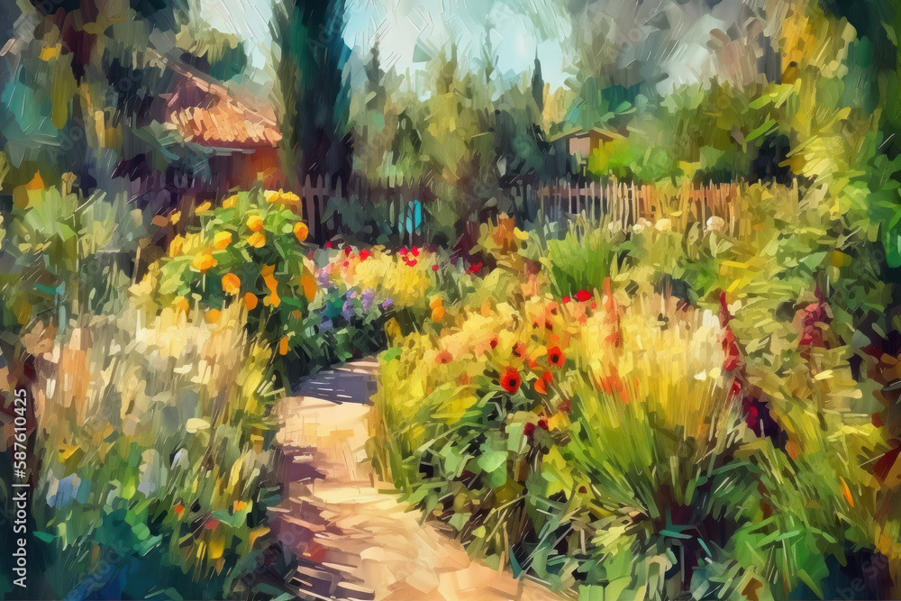 Summer garden in the style of impressionism painting Illustration AI Generativ