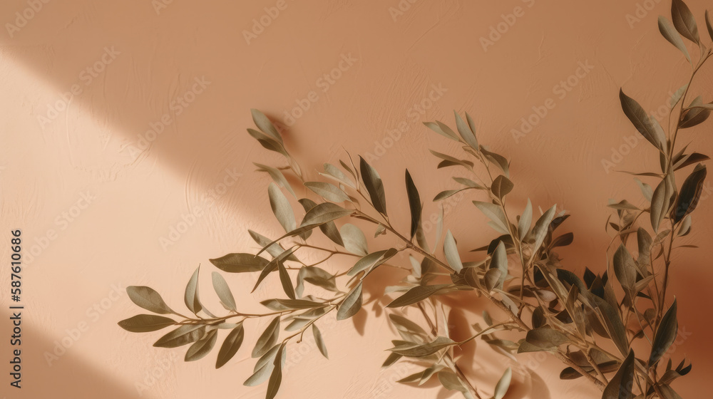 Olive branch leaves on beige background. Illustration AI Generative