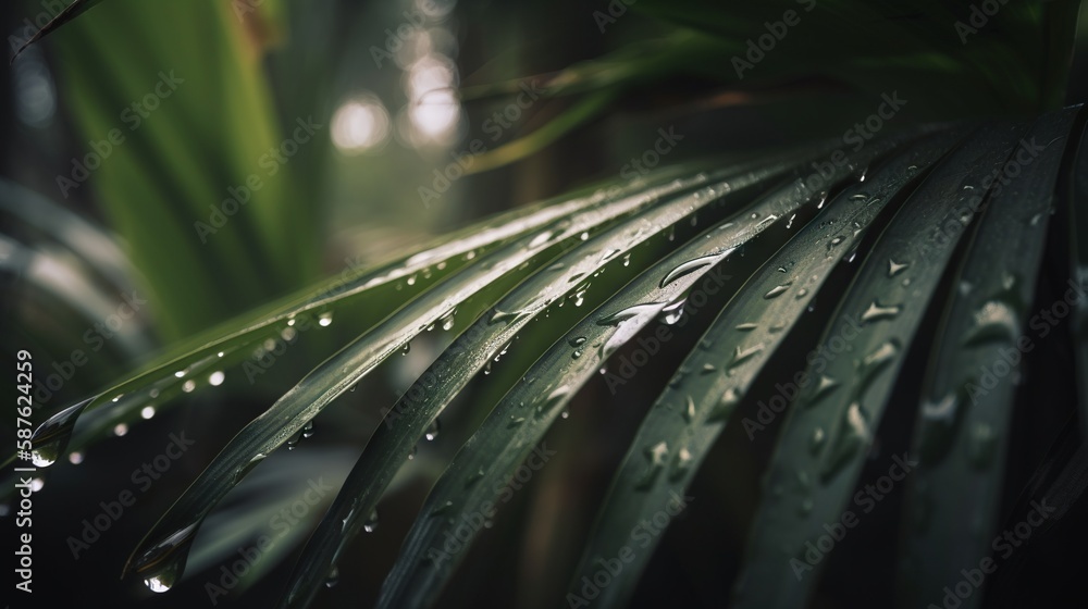 Closeup of palm tropical plant leaves with rain drops. Green natural backdrop. Generative AI