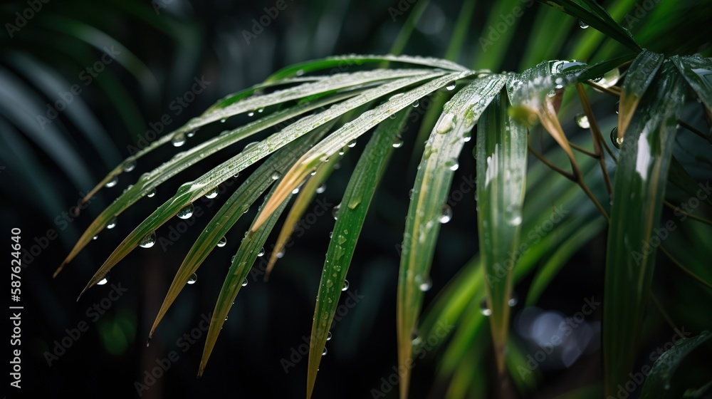 Closeup of Kentia Palm tropical plant leaves with rain drops. Green natural backdrop. Generative AI