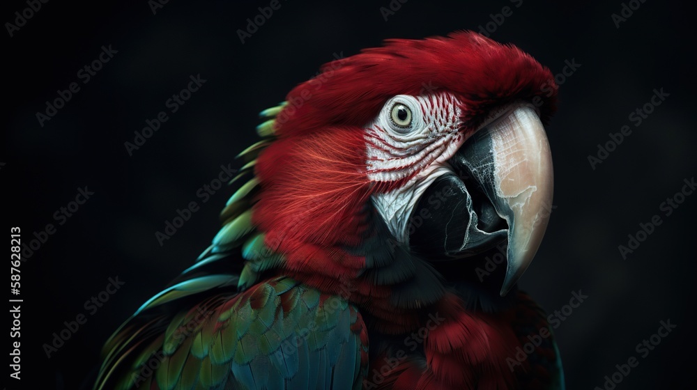 Profile portrait of green-winged macaw parrot. Generative AI