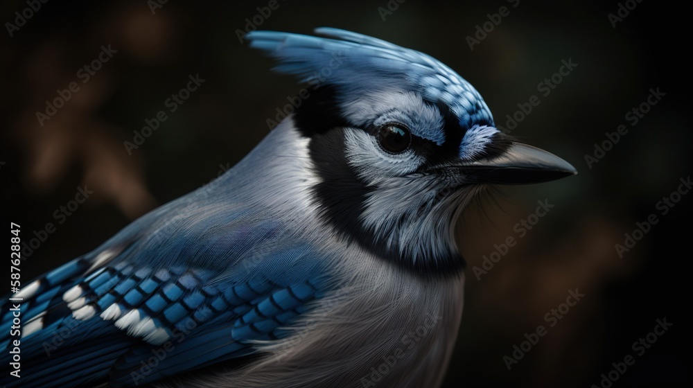 Blue Jay bird closeup with forest background. Generative AI