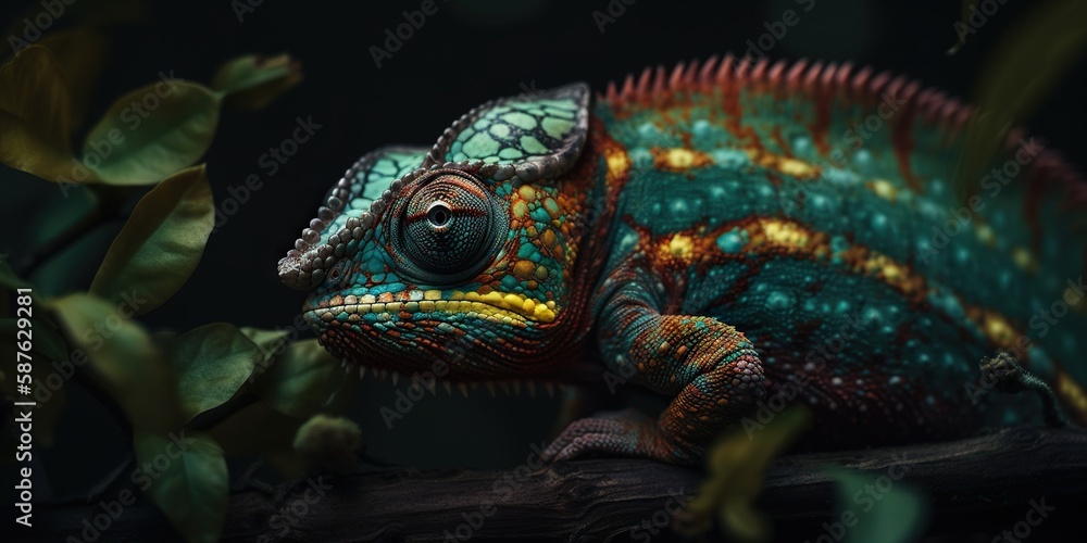 Colorful chameleon isolated on leaves background. Lizard on the green leaves. Generative AI