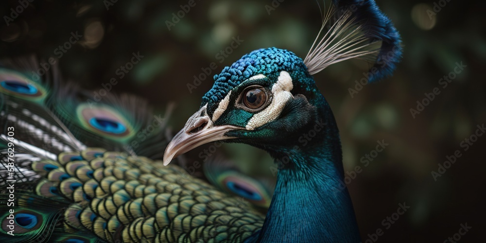 Close up photo of Peacock bird on forest background. Generative AI