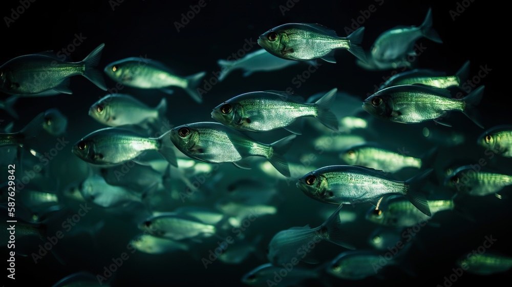 School of small silver fish underwater. Marine life. Generative AI