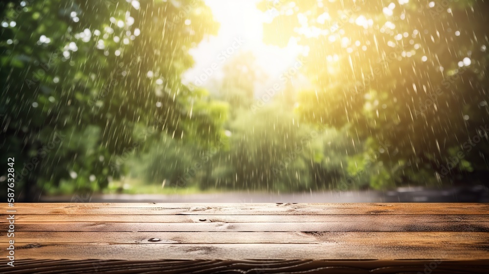 Wood table mockup with summer rain over green landscape. Empty copy space for product presentation. 