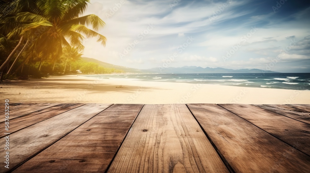 Wood table mockup with tropical paradise beach on background. Empty copy space for product presentat