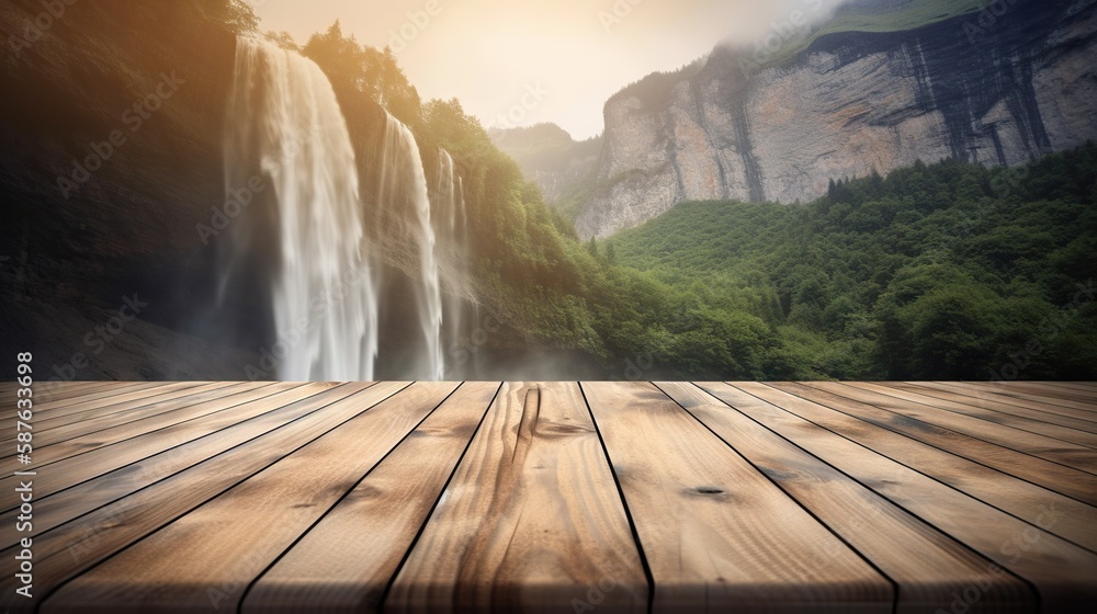 Wood table mockup with mountain waterfall on background. Empty copy space for product presentation. 