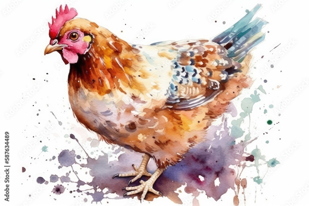 colorful watercolor painting of a chicken standing on a plain white background. Generative AI