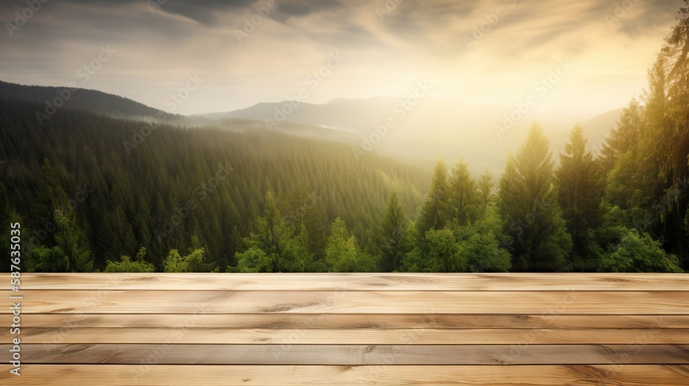 Wood table mockup with scenic green forest on background. Empty copy space for product presentation.