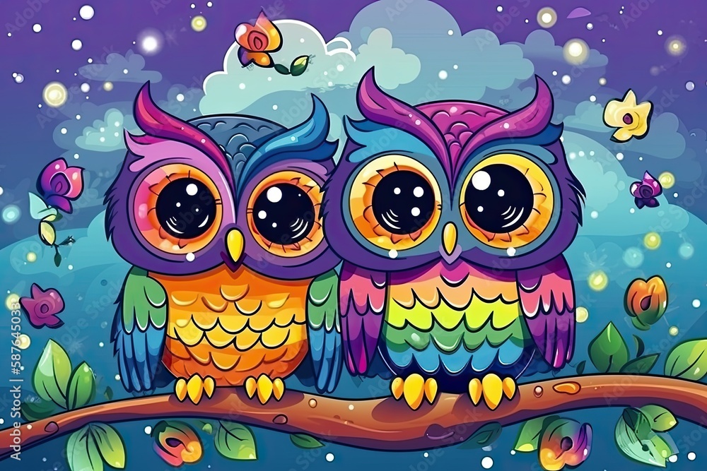 Illustration of three owls perched on a tree branch in a moonlit forest. Generative AI