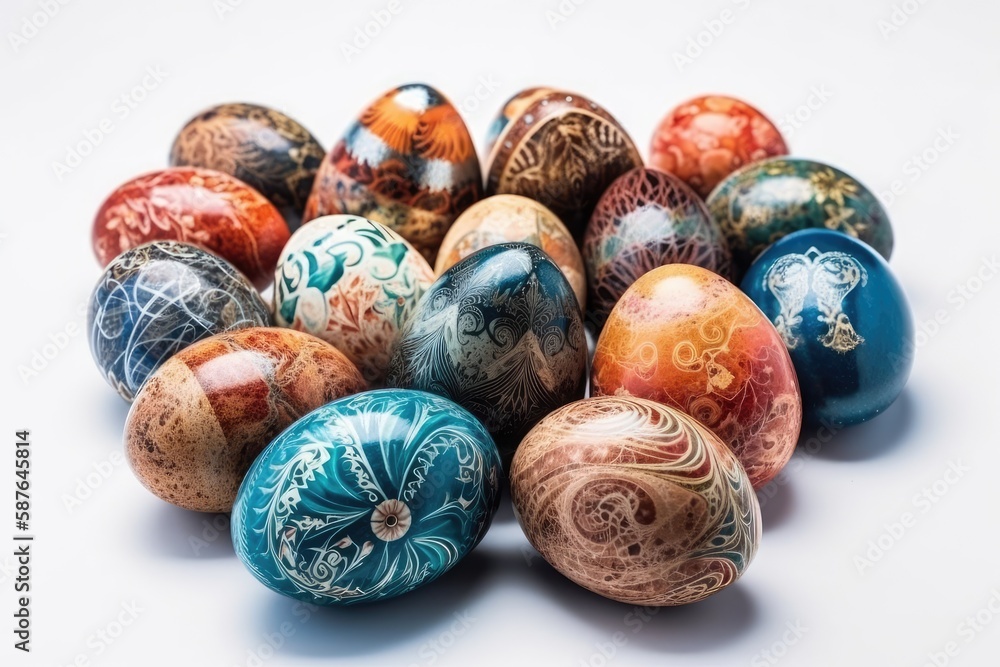 Illustration of stacked colorful painted eggs for Easter. Generative AI