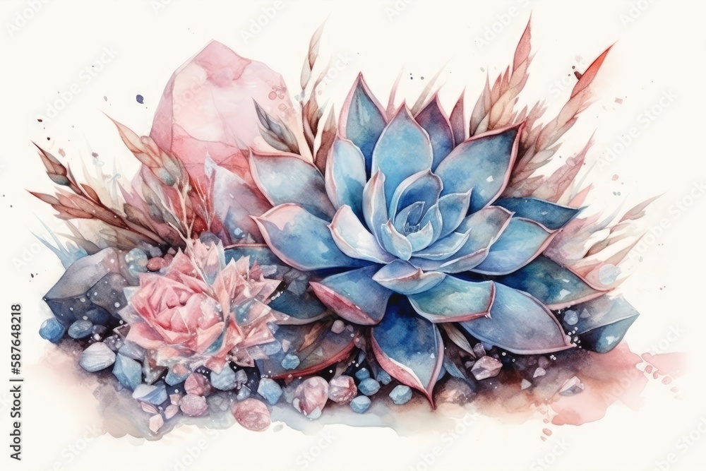 colorful watercolor painting featuring a succulent plant surrounded by vibrant flowers. Generative A