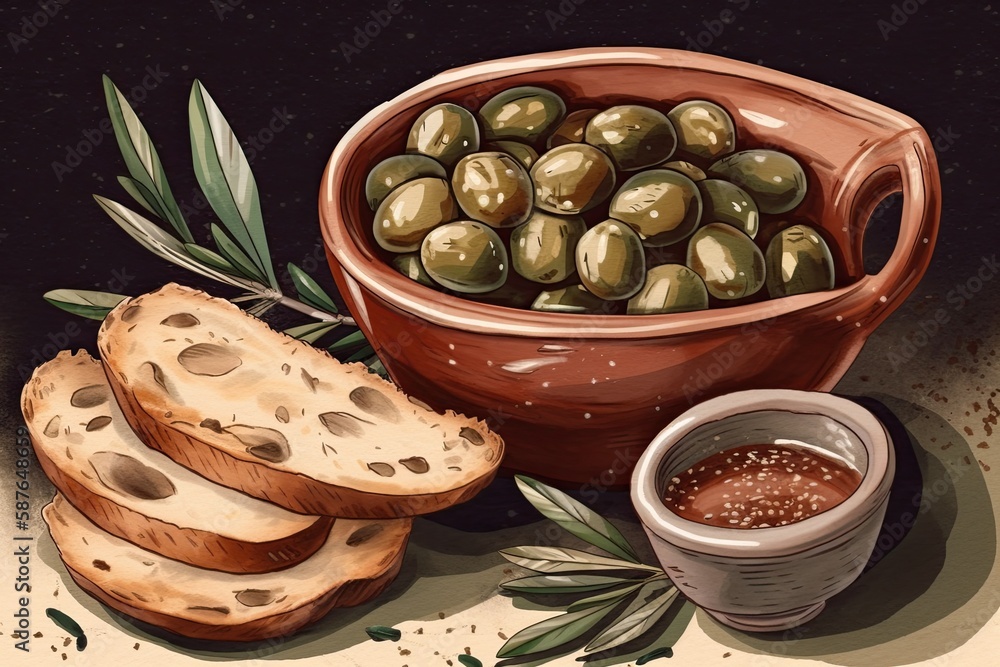 rustic Mediterranean snack of olives and bread in a wooden bowl. Generative AI