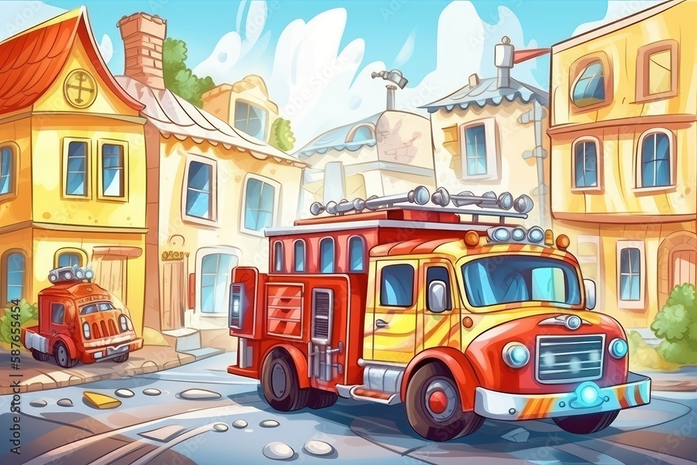 cartoon fire truck driving down a colorful city street. Generative AI