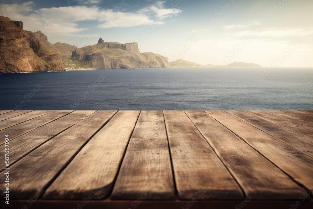 wooden table overlooking a serene ocean view. Generative AI