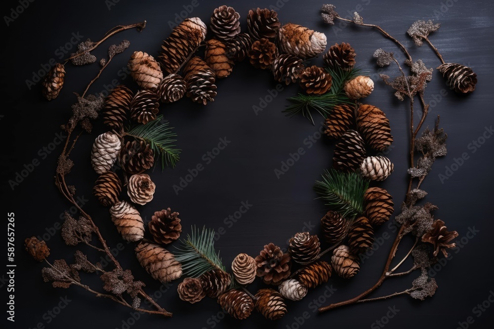 festive wreath made of natural pine cones and branches. Generative AI