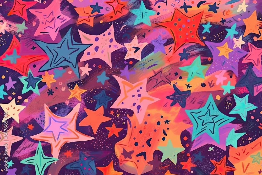 Illustration of vibrant stars on a deep purple background. Generative AI