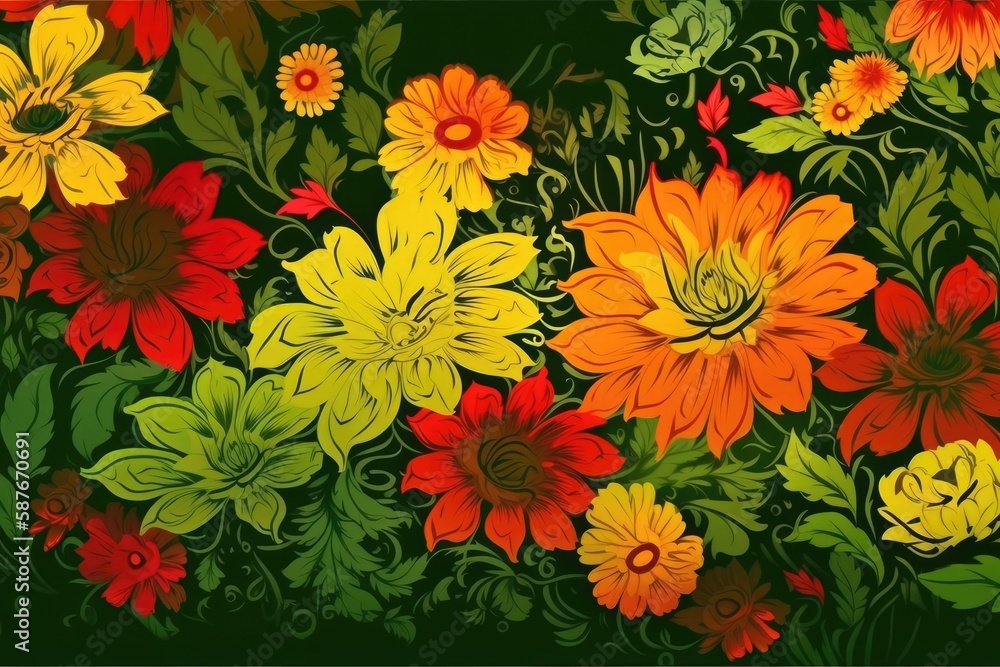 colorful floral arrangement on a vibrant green backdrop. Generative AI