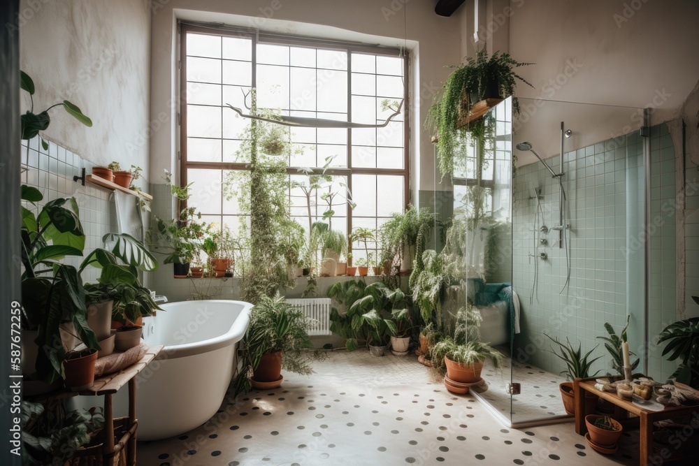 green oasis: a bathroom overflowing with lush potted plants and natural light. Generative AI