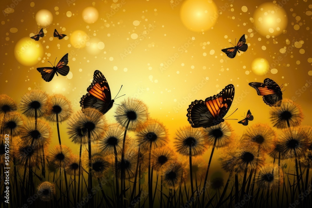 Illustration of Butterflies gracefully fluttering over a field of dandelions in a colorful painting.