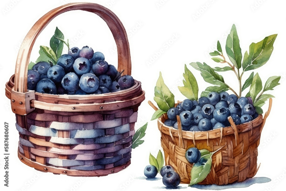 still life painting featuring two baskets of blueberries. Generative AI