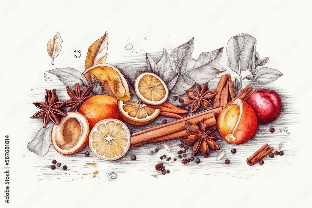 Illustration of cinnamon-spiced apples and oranges arranged on a plate. Generative AI