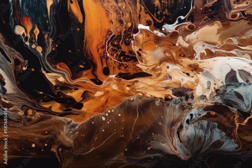 Illustration of an abstract painting with dark brown and black tones in a close-up view. Generative 