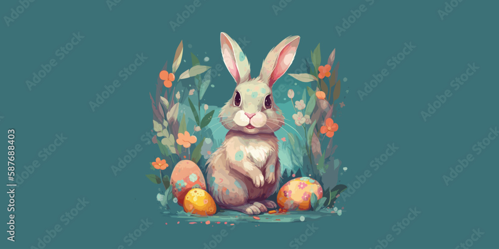  illustration of easter rabbit with flowers and eggs