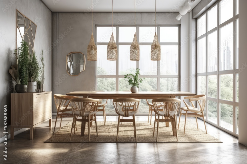 modern dining room with a sleek table and stylish chairs. Generative AI