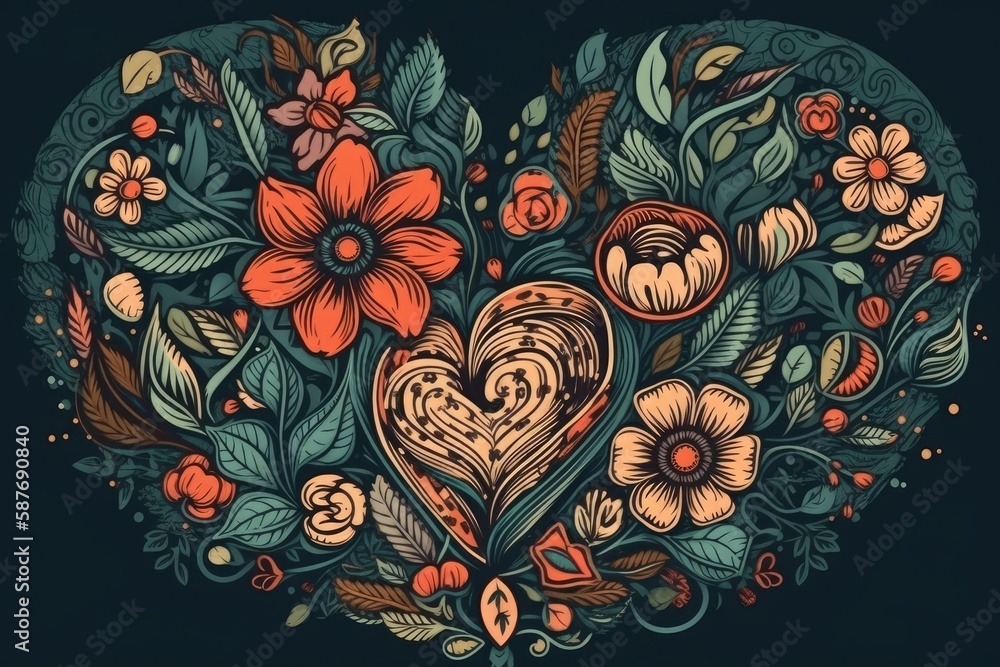 heart-shaped floral arrangement made of various flowers and leaves. Generative AI