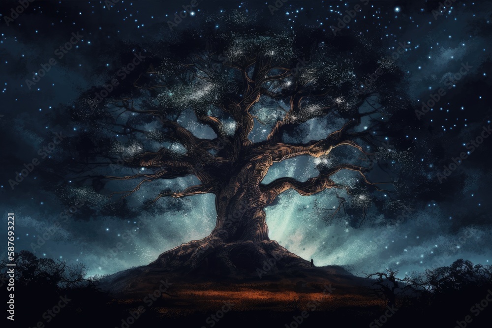 majestic tree under a starry night sky. Generative AI