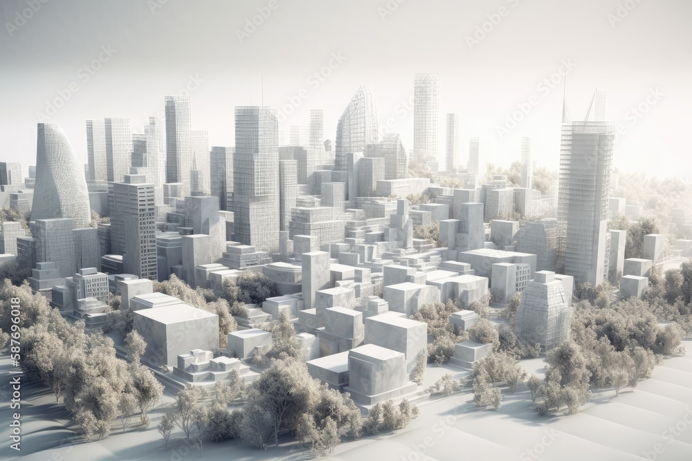 Illustration of an urban landscape with skyscrapers and busy streets as seen from above. Generative 