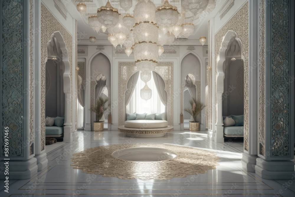 spacious room with an elegant circular rug and a stunning chandelier. Generative AI