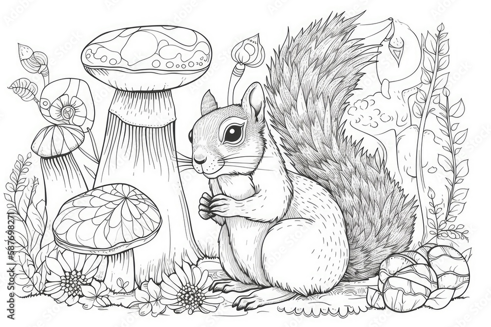 cute squirrel sitting next to a cluster of mushrooms in a forest. Generative AI