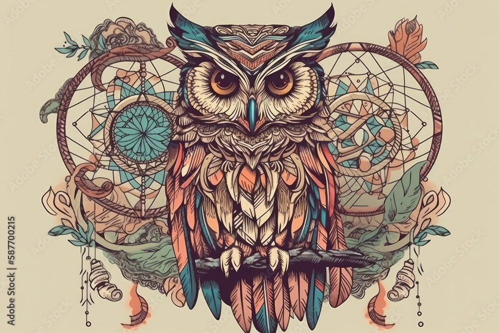 Illustration of an owl perched on a tree branch. Generative AI