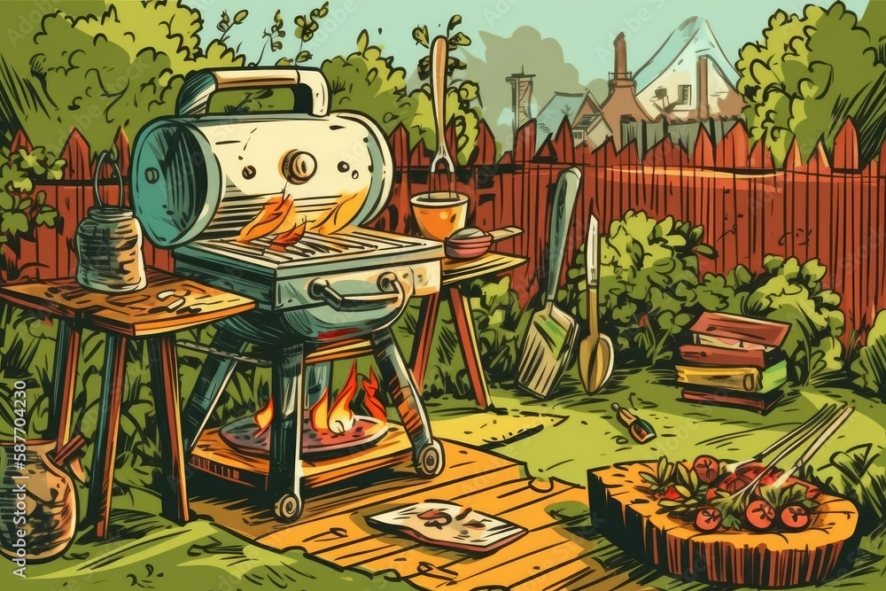 backyard BBQ grill with smoke rising from it. Generative AI