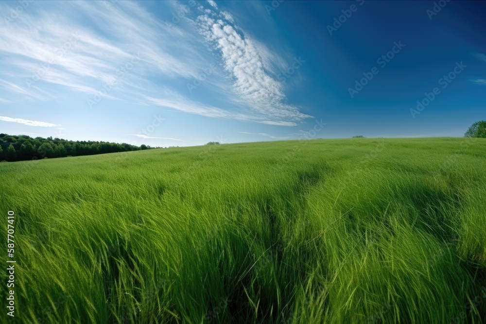 serene landscape with lush green grass and a clear blue sky. Generative AI