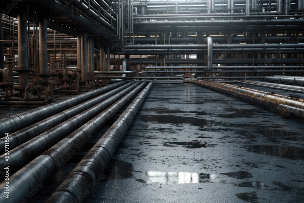 massive network of pipes filling an industrial warehouse. Generative AI