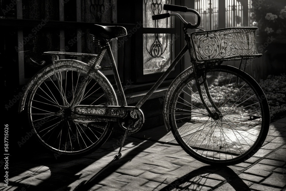 bicycle parked beside a window on a city sidewalk. Generative AI