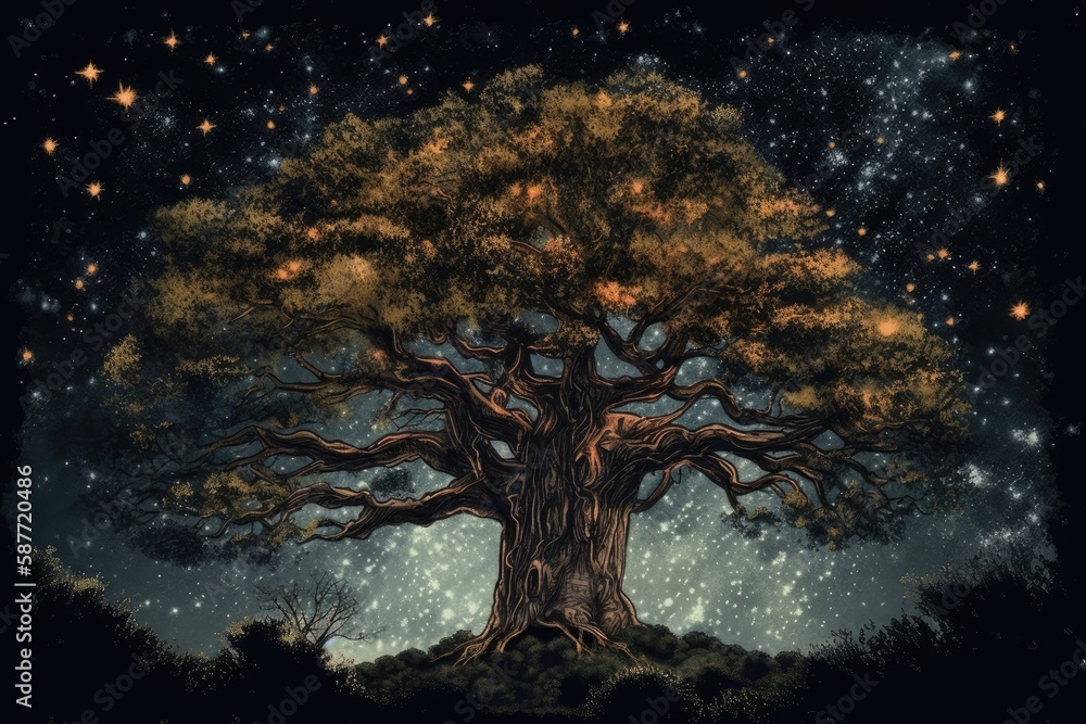 mystical tree under a starry night sky. Generative AI